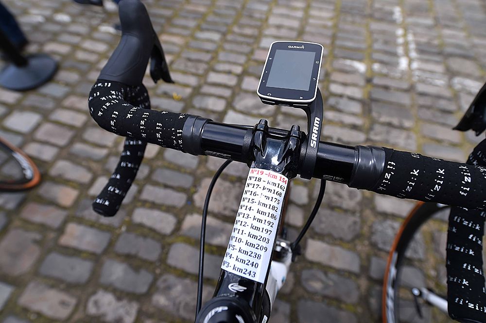Race details taped to the stem at Paris-Roubaix