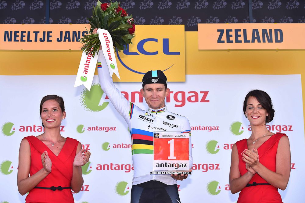 Michal Kwiatkoswki on the stage 2 podium for most combative rider.