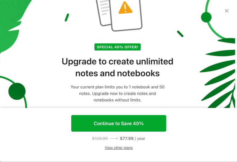 evernote limited free plan experiment pop-up message urging users to upgrade