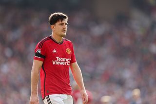 Harry Maguire of Manchester United during the Premier League match between Manchester United and Brentford FC at Old Trafford on October 7, 2023 in Manchester, United Kingdom. (Photo by Matthew Ashton - AMA/Getty Images)