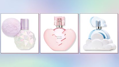 three of the Ariana Grande perfumes—including Moonlight, Thank U Next and Cloud—on a pink, purple and blue pastel background