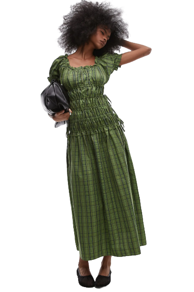 Topshop, Plaid Ruched Cotton Maxi Dress