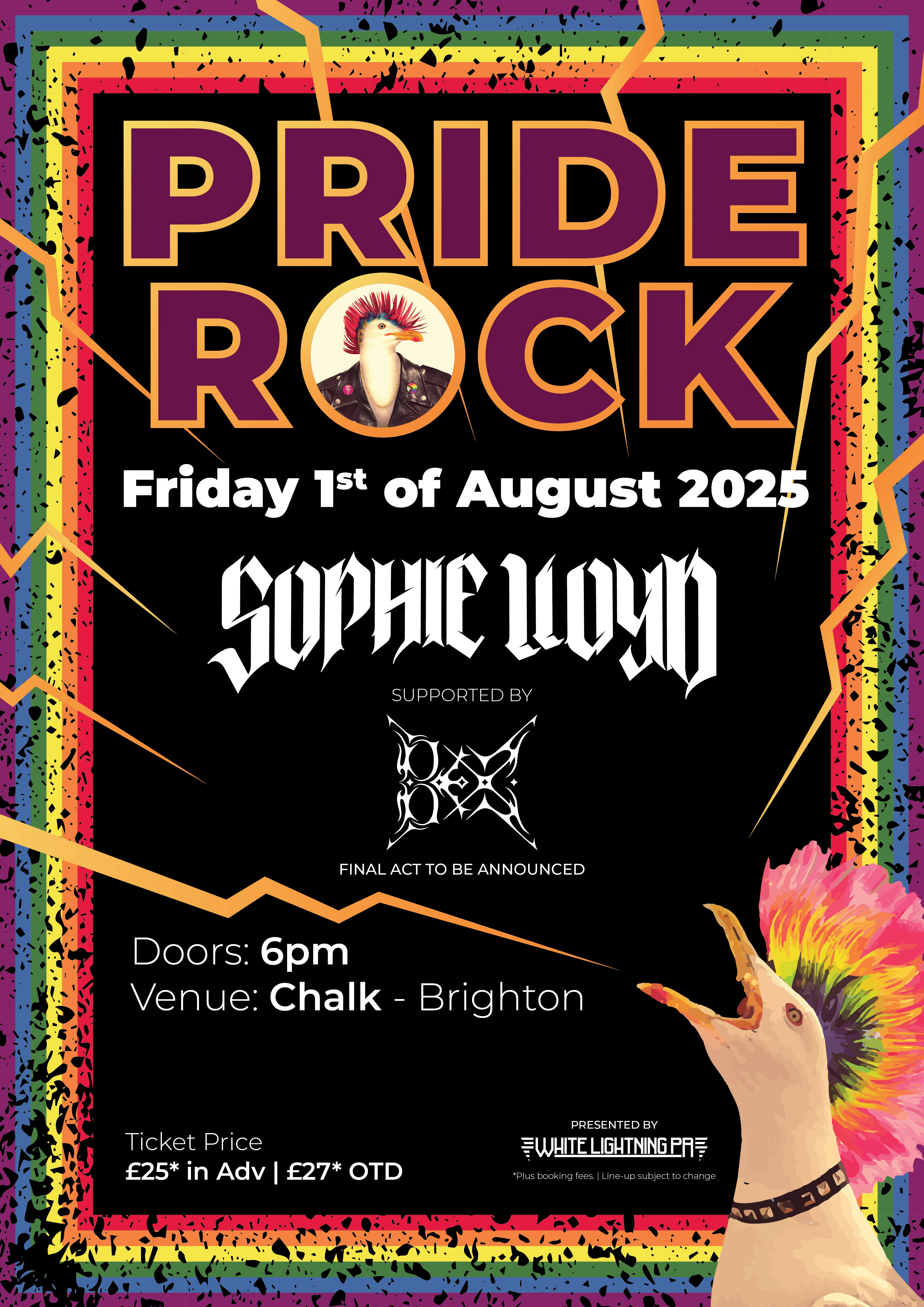 The poster for this year's Pride Rock, including a seagull with a rainbow-coloured mohawk
