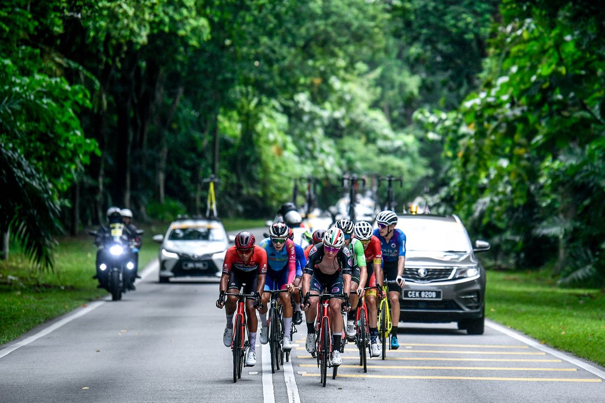 The break on stage 1 of Petronas Le Tour de Langkawi 2022. The break included Trym Holther (Drone Hopper - Androni Giocattoli), Carter Bettles (ARA Pro Racing Sunshine Coast), Jambaljamts Sainbayar (Terengganu Polygon) and his teammate Nur Aiman Zariff, Tiano Da Silva (ProTouch), Peerapol Chawchiangkwang (Thailand), Etienne van Empel (China Glory), along with Nik Zulkifli (Malaysia) and John Salazar (Philippines)
