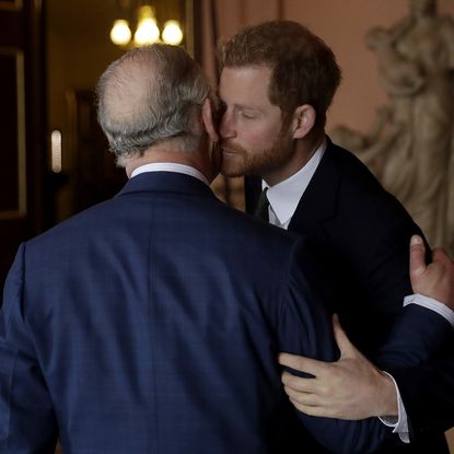 LONDON, ENGLAND - FEBRUARY 14: Prince Harry and Prince Charles, Prince of Wales arrive to attend the 'International Year of The Reef' 2018 meeting at Fishmongers Hall on February 14, 2018 in London, England. (Photo by Matt Dunham - WPA Pool/Getty Images)