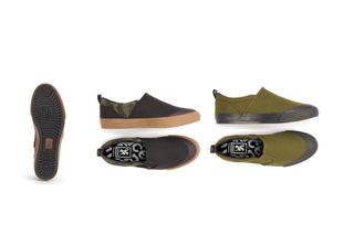 Chrome Dima 3.0 is the brands slip on option. This image shoes the sole, side and top down pictures of the footwear in two colour options, black and camo, or olive green.