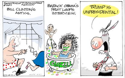 Political cartoon U.S. Bill Clinton Monica Lewinsky Obama fruit loops Trump