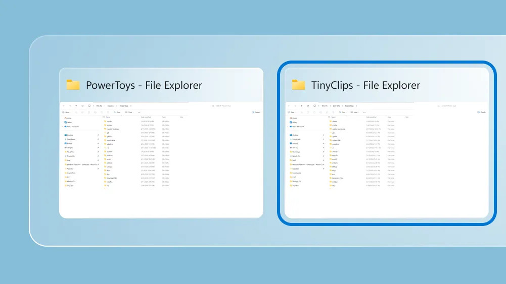 PowerToys Window Hopper shown running in Windows 11, switching between two folders