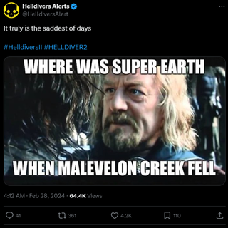 A post that reads: "It truly is the saddest of days #HelldiversII #HELLDIVER2" with a meme image lamenting the fall of the Creek.