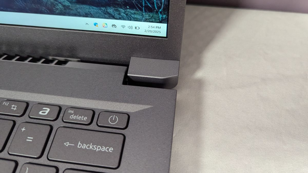 Top-down shot of the Acer Aspire 14 AI's power button at the top of the keyboard.