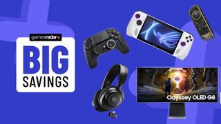 Gaming handheld, controllers, headset, and monitor on a blue background with big savings badge