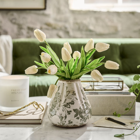 Fluted Green and White Distressed Vase