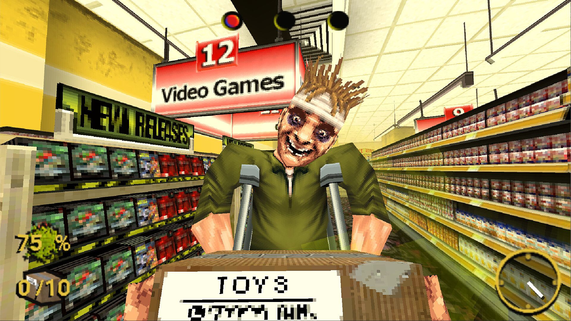 Screenshot from Night of the Consumers, showing a retail customer in crouches walking toward the camera through a video game aisle.