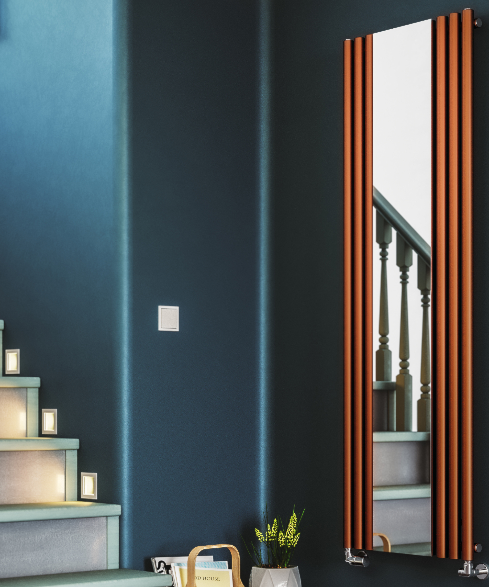 blue painted hallway with copper colour tubed vertical radiator incorporating mirror