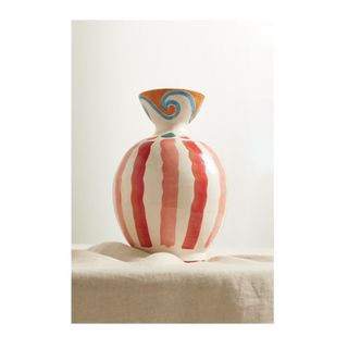 ceramic rounded vase with red painted stripes