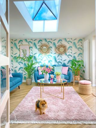 Blue tropical wallpaper in lounge space with pink high pile rug and colorful furnishings