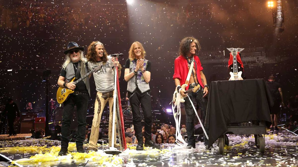 Brad Whitford, Steven Tyler, Tom Hamilton and Joe Perry of Aerosmith perform at UBS Arena on September 09, 2023 in Elmont, New York