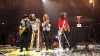 Brad Whitford, Steven Tyler, Tom Hamilton and Joe Perry of Aerosmith perform at UBS Arena on September 09, 2023 in Elmont, New York