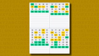 Quordle daily sequence answers for game 852 on a yellow background