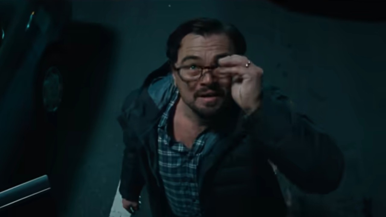 Leonardo DiCaprio staring up with glasses in Don't Look Up