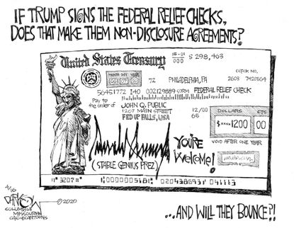 Political Cartoon U.S. Trump stimulus checks non disclosure agreement