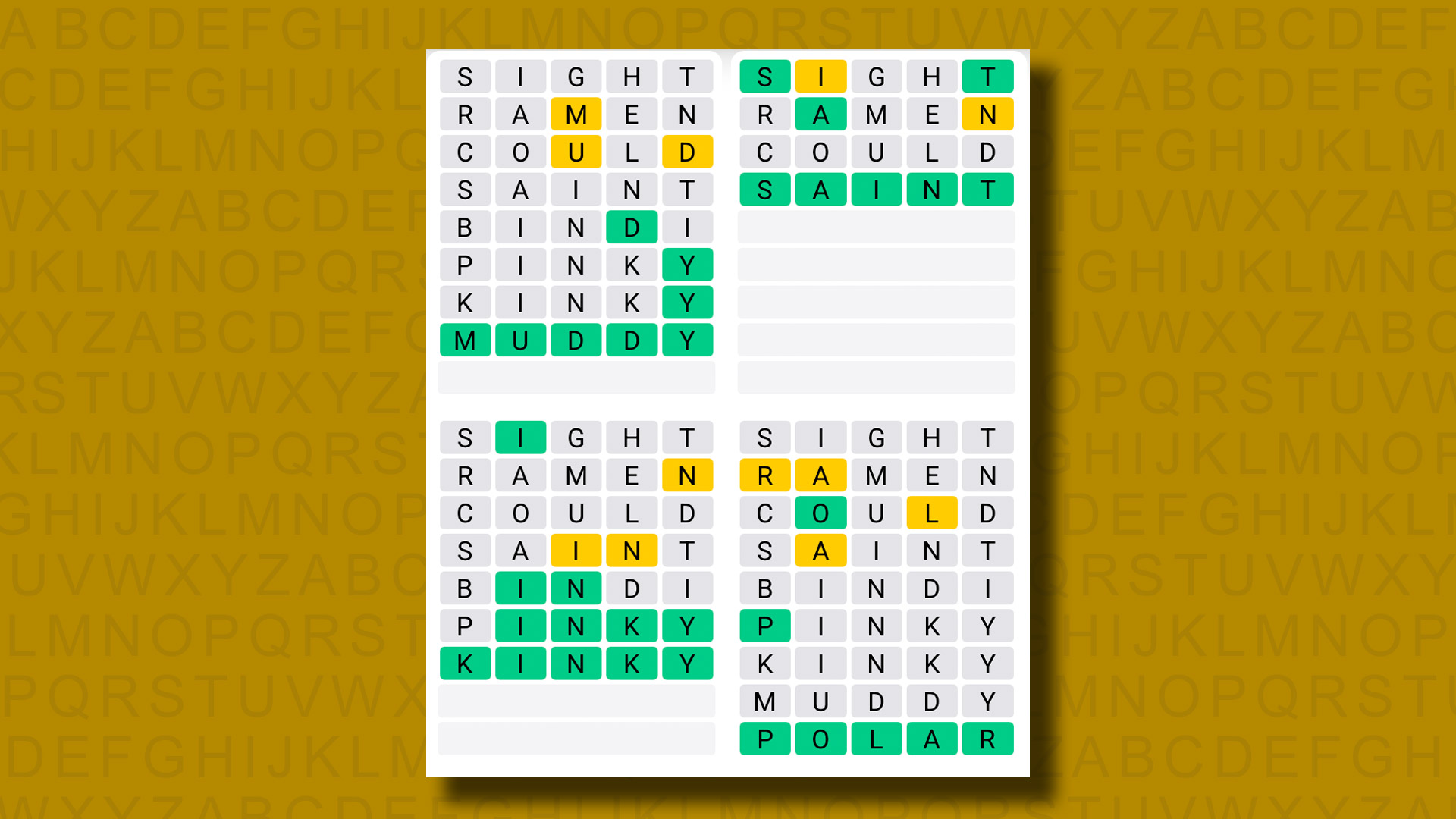 Quordle answers for game 1279 on a yellow background