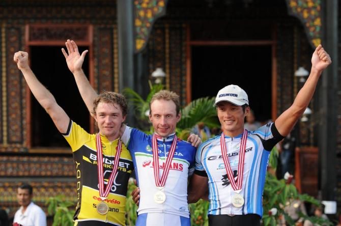 Stage 3 Tour de Singkarak podium: Kristian Juel (Budget Forklifts), Johan Coenen (Team Differdange-Losch) and Wei-Cheng Lee (Action Cycling Team Taipei)