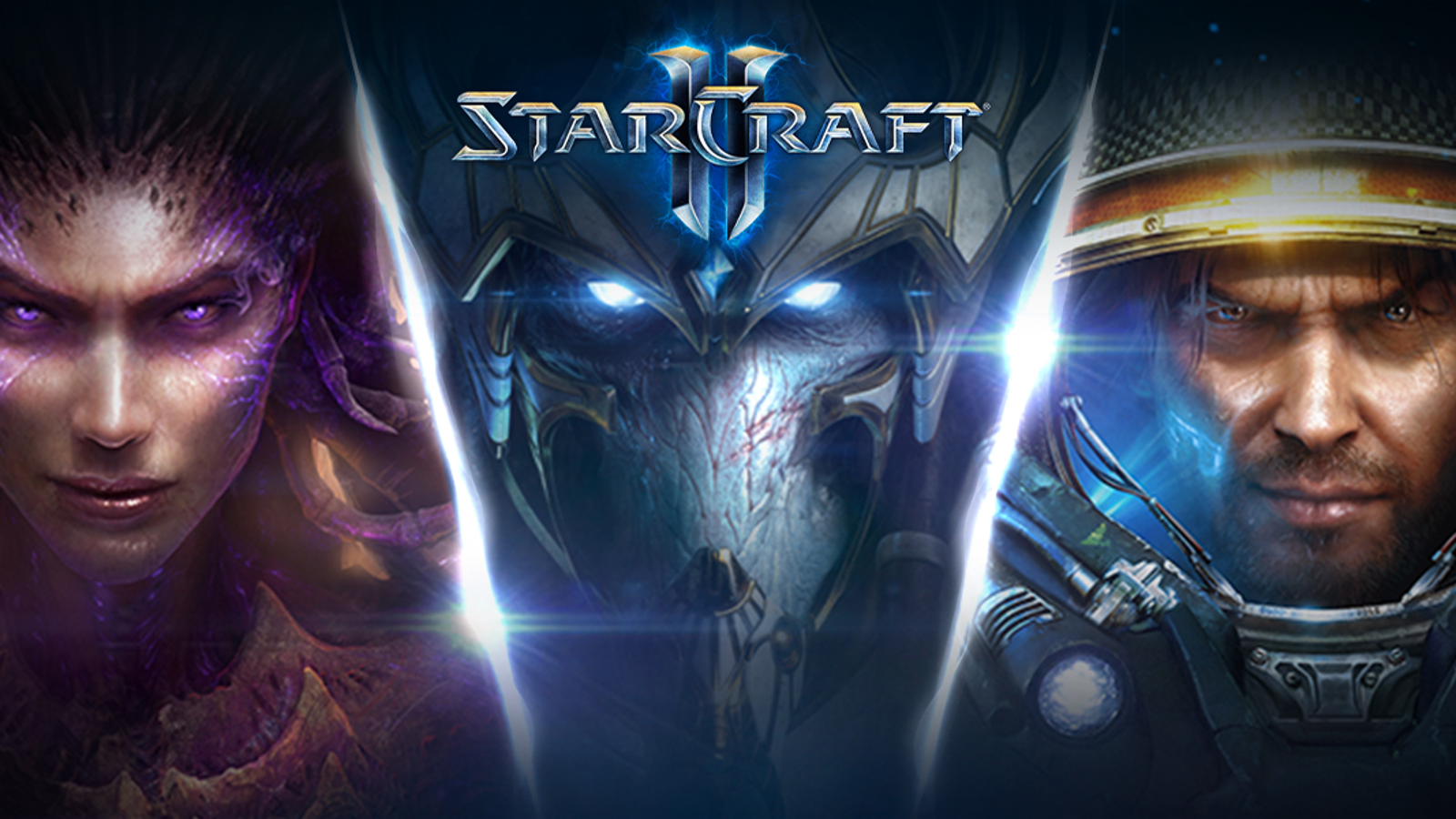 Imagens de rostos em close acima do logotipo de StarCraft II (da esquerda para a direita) Zerg (alienígenas), Protoss (alienígenas avançados), Terranos (humanos).