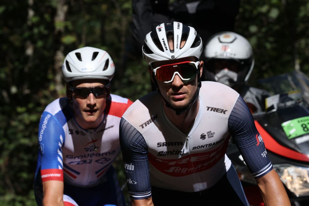 Team GroupamaFDJ rider Switzerlands Stefan Kung L and Team Trek rider Belgiums Edward Theuns ride ahead during the 14th stage of the 107th edition of the Tour de France cycling race 197 km between ClermontFerrand and Lyon on September 12 2020 Photo by KENZO TRIBOUILLARD AFP Photo by KENZO TRIBOUILLARDAFP via Getty Images