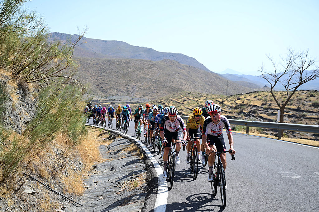 CALAR ALTO, SPAIN - SEPTEMBER 03: Kevin Vermaerke of United States and UAE Team Emirates XRG, Andreas Kron of Denmark and Team Uno-X Mobility and Joao Almeida of Portugal and UAE Team Emirates XRG compete in the breakaway during the La Vuelta - 81st Tour of Spain 2026, Stage 12 a 166.6km stage from Vera to Calar Alto 2151m / #UCIWT / on September 03, 2026 in Calar Alto, Spain. (Photo by Tim de Waele/Getty Images)