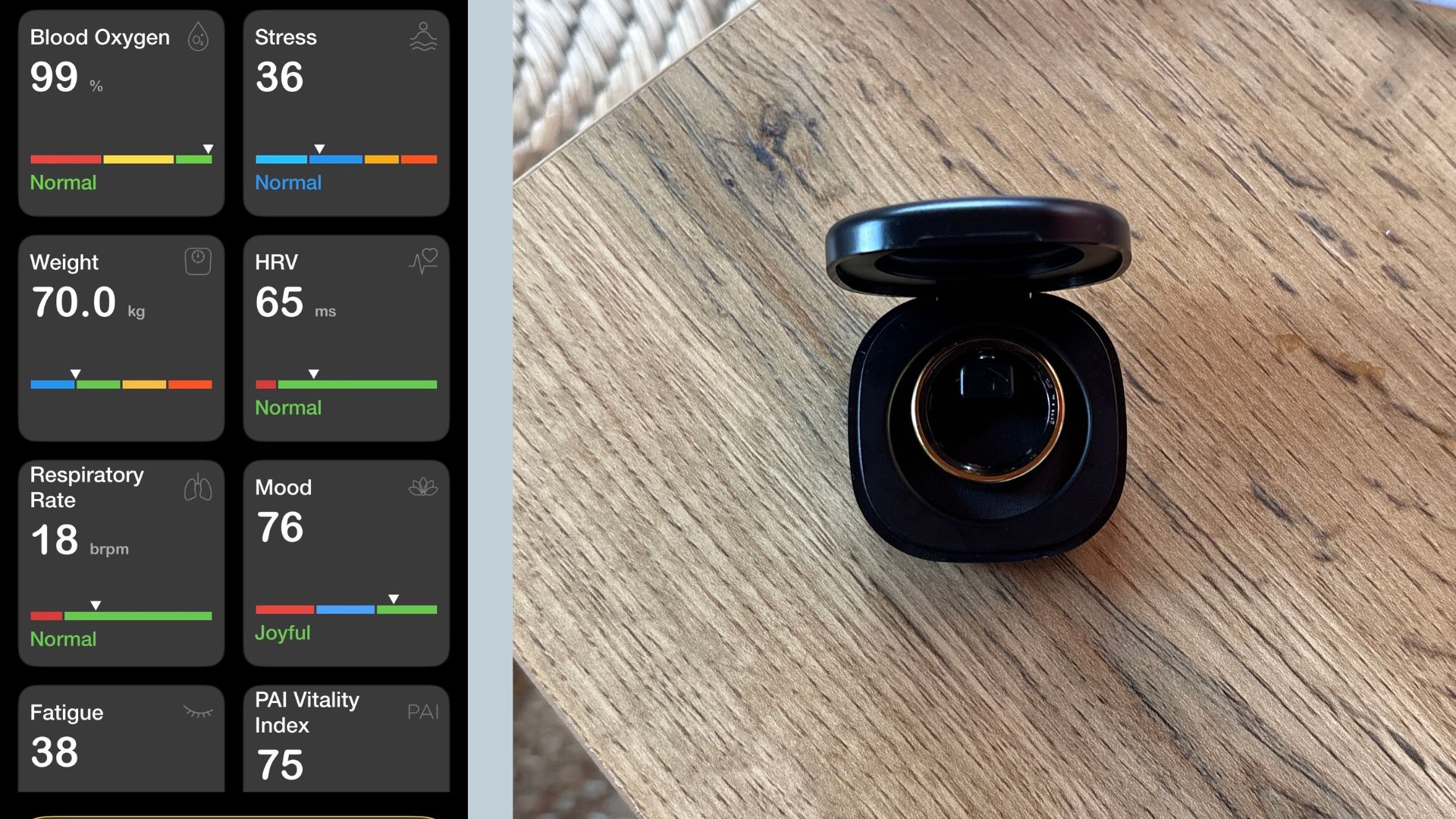 Grace Walsh's Sekonda smart ring data on app with ring in charging box sitting on table