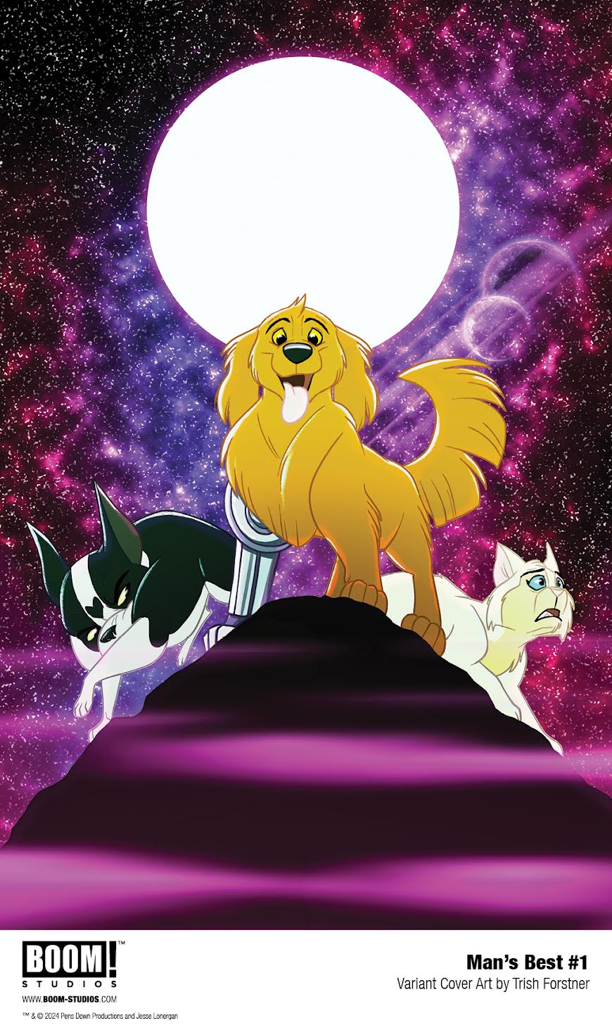 two dogs and a cat stand atop a purple hill under an alien sky with three moons