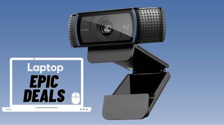 Logitech C920x HD Pro webcam against blue gradient background with epic deals text