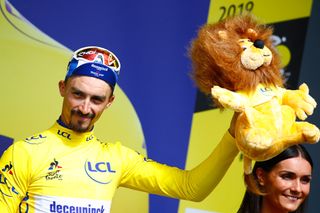 Julian Alaphilippe in yellow after stage 12 at the Tour de France