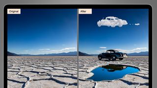 A laptop screen on a grey background showing the before and after images of a AI-generated car on salt flats