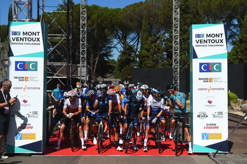MONT VENTOUX FRANCE JUNE 14 LR Jess Herrada of Spain and Team Cofidis Alejandro Valverde Belmonte of Spain and Movistar Team Michael Woods of Canada and Team Israel Premier Tech and The Peloton prior to the 4th Mont Ventoux Denivele Challenge 2022 a 153km one day race from VaisonlaRomaine to Mont Ventoux 1893m MVDC on June 14 2022 in Mont Ventoux France Photo by Dario BelingheriGetty Images