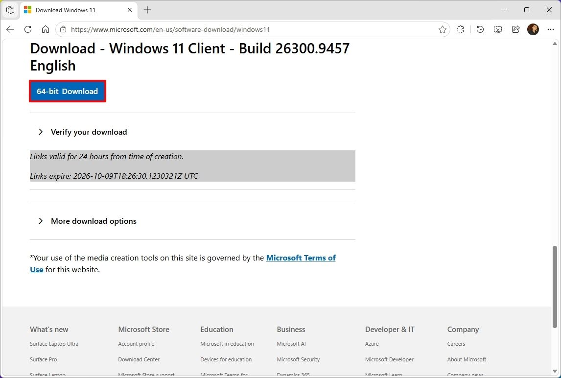 Microsoft download showing the ISO file download for Windows 11 version 26H2.