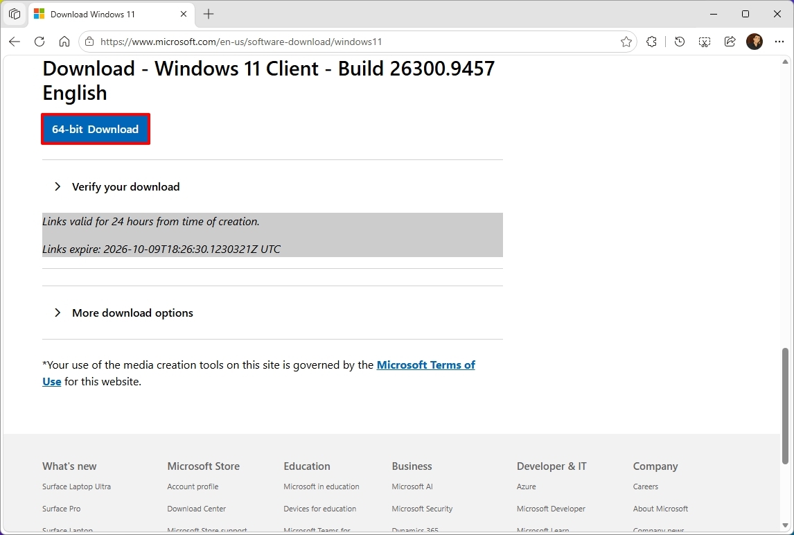 Microsoft download showing the ISO file download for Windows 11 version 26H2.