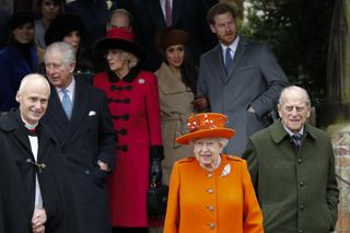 Prince Charles, Prince of Wales, Camilla, Duchess of Cornwall, Meghan Markle, Queen Elizabeth II, Prince Harry and Prince Philip, Duke of Edinburgh leave after attending the Royal Family's traditional Christmas Day church service