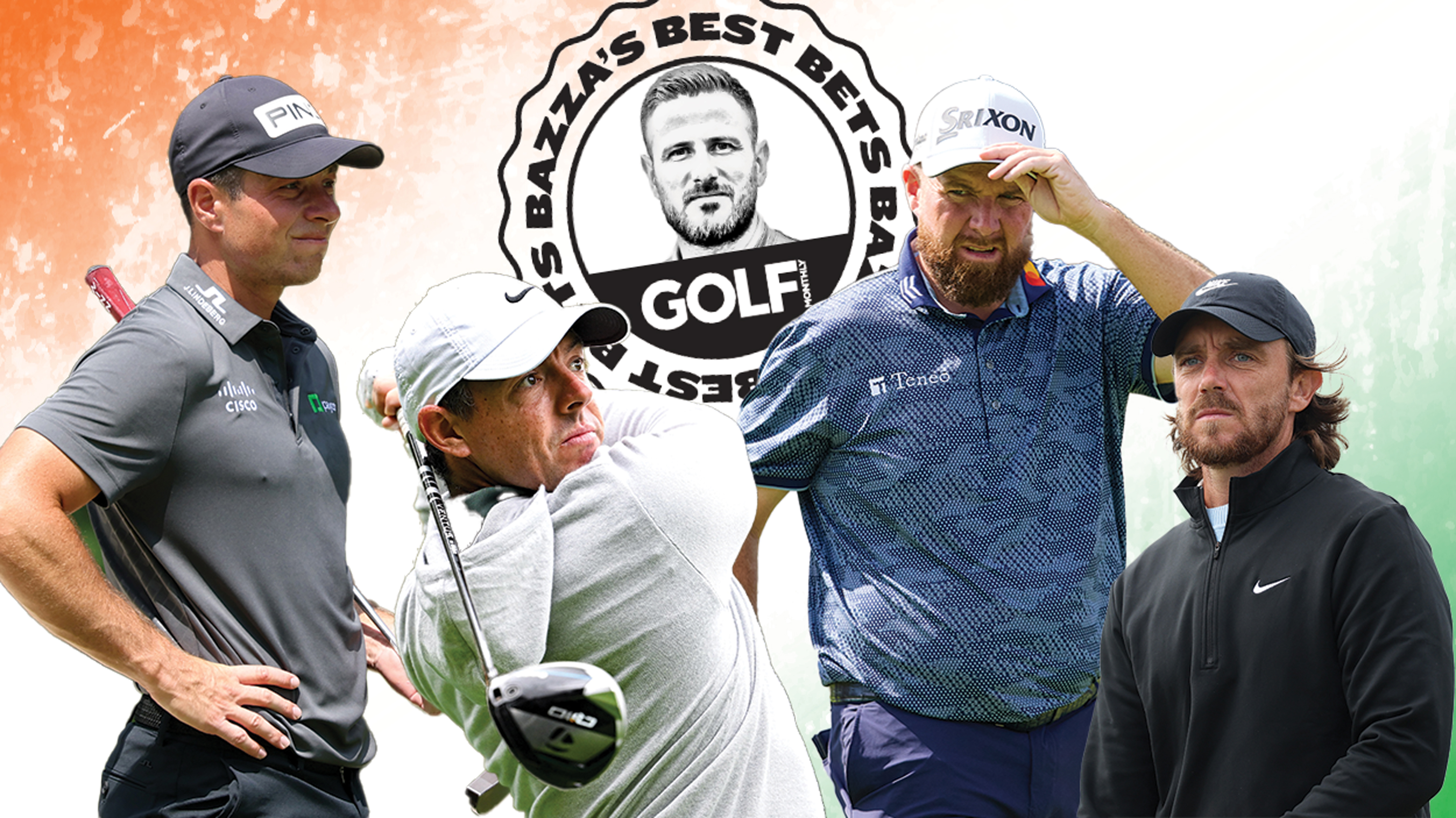 A background of the Indian flag as an abstract graphic, with the Bazza&#039;s Best Bets logo, surrounded by images of Viktor Hovland, Rory McIlroy, Shane Lowry and Tommy Fleetwood who are all market favourites in the betting