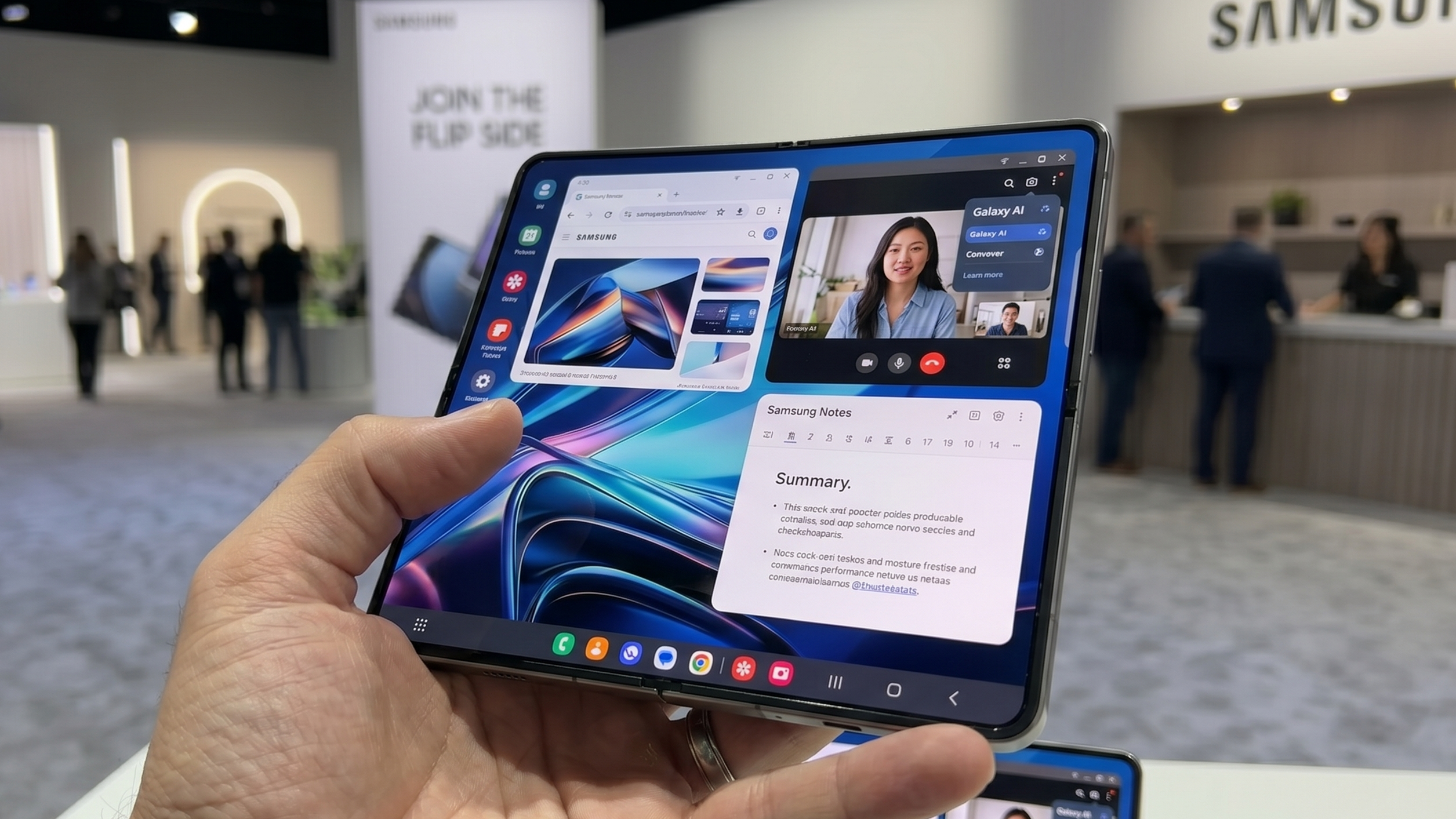 An AI-rendered (using Google Gemini) mock-up of a Samsung Galaxy Z Fold 8 folding phone in someone's hand