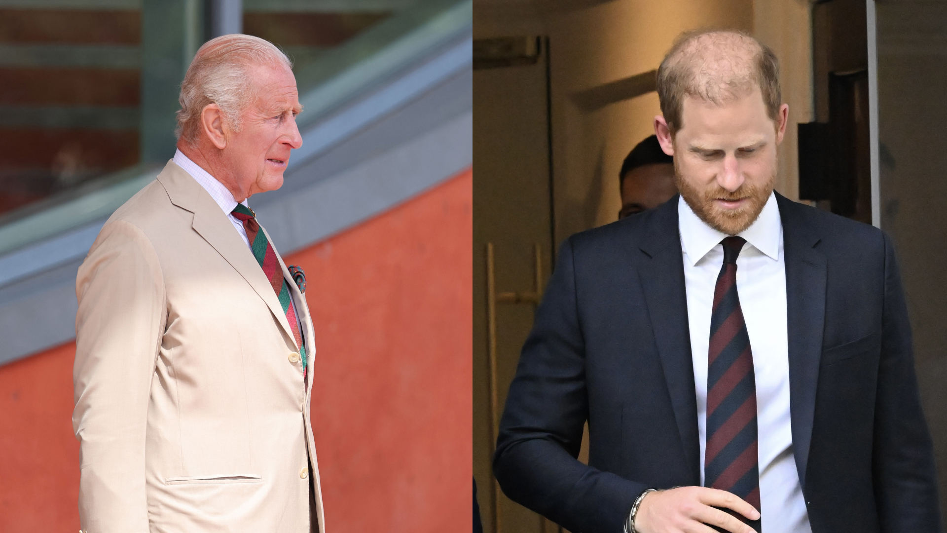 A split image of King Charles wearing a tan suit and Prince Harry in a dark suit and tie