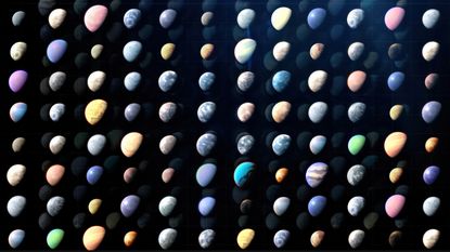 An artist's illustration showing dozens of potential exoplanets in a grid