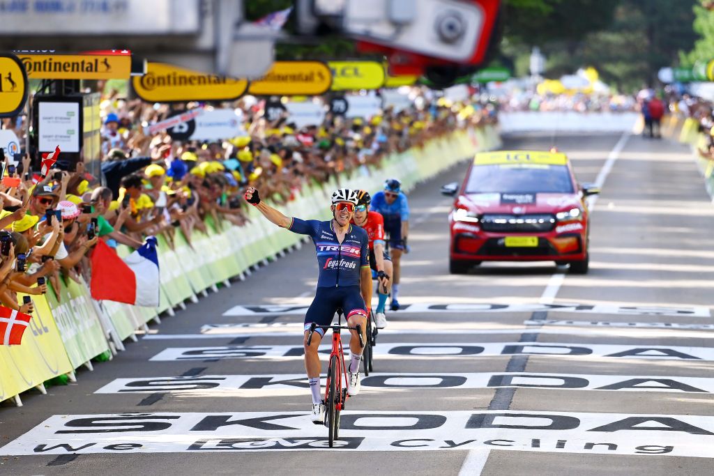 SAINTETIENNE FRANCE JULY 15 Mads Pedersen of Denmark and Team Trek Segafredo celebrates at finish line as stage winner during the 109th Tour de France 2022 Stage 13 a 1926km stage from Le Bourg dOisans to SaintEtienne 488m TDF2022 WorldTour on July 15 2022 in SaintEtienne France Photo by Tim de WaeleGetty Images