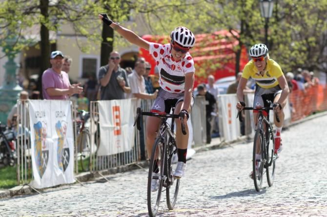 Evelyn Stevens (Specialized-lululemon) celebrates victory on stage 1 while her teammate Ellen Van Dijk finished second and remains in the leader's jersey.