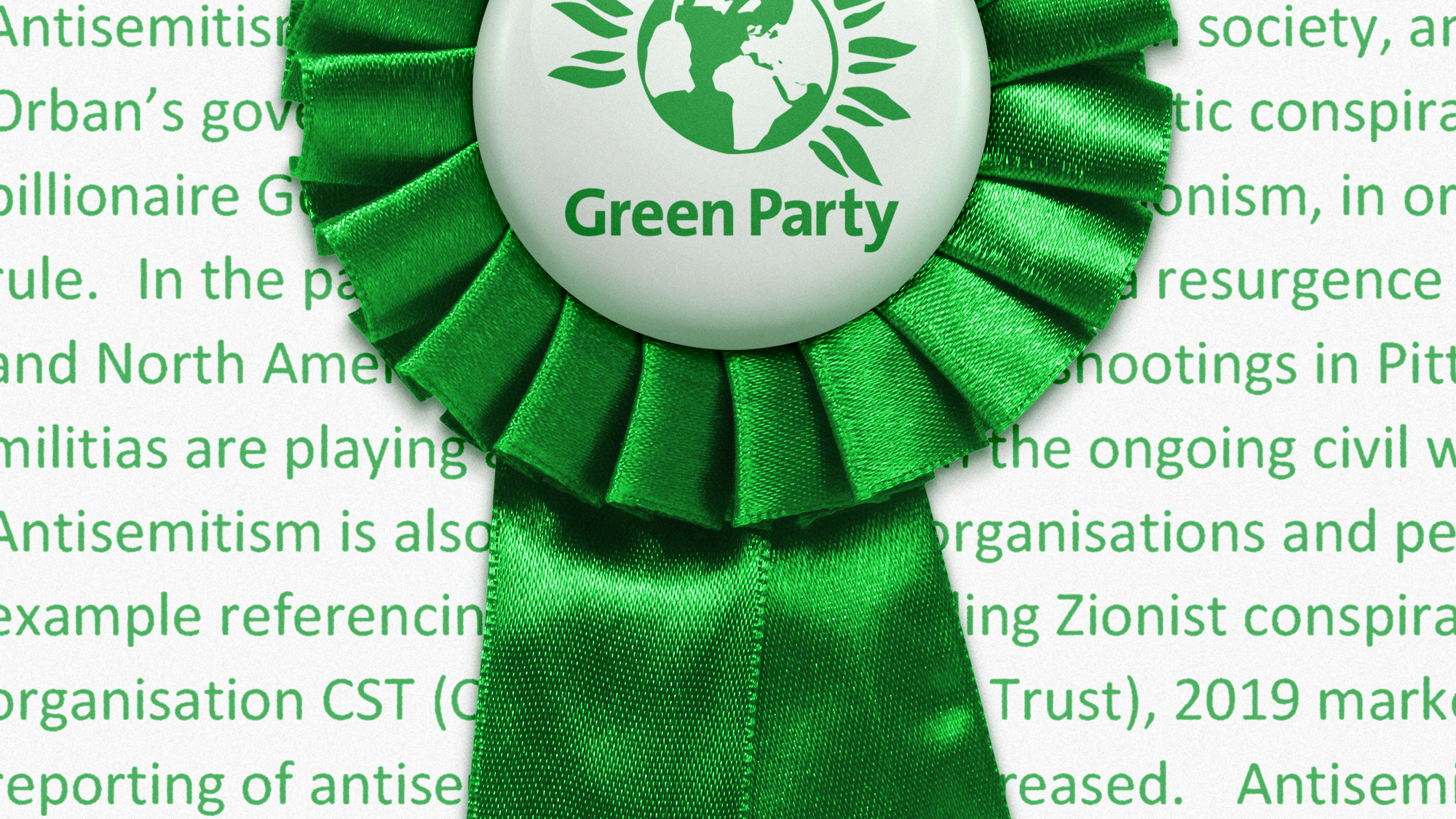 Illustration of a ribbon with the Green Party logo laid on top of text from the Party's official guidance on antisemitism