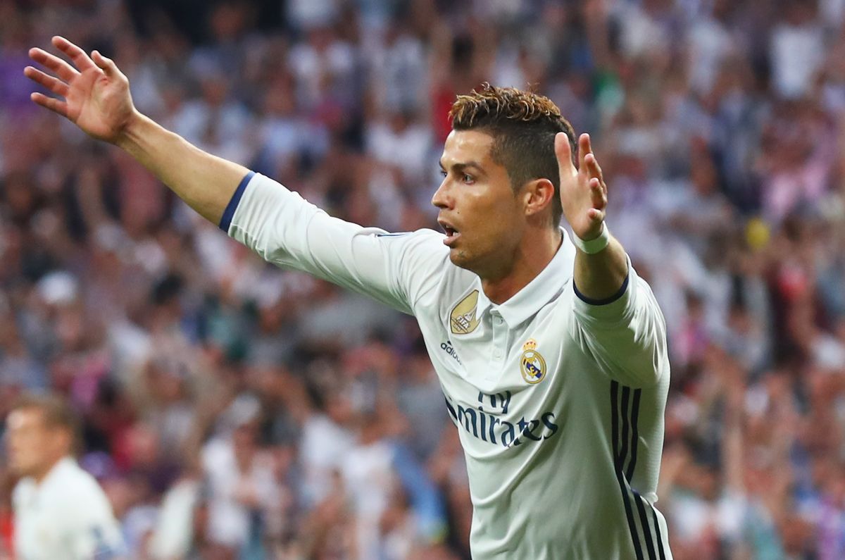 Cristiano Ronaldo celebrates after scoring for Real Madrid against Atletico Madrid in the Champions League semi-finals in May 2017.