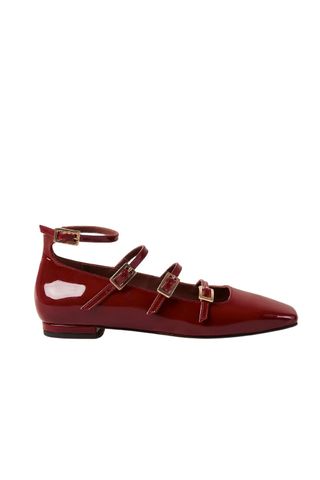 red patent mary jane flats with three buckle straps
