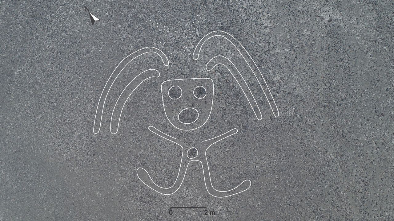 A processed image of a geoglyph featuring a person who appears to have long hair and arms that stick out in greater detail.