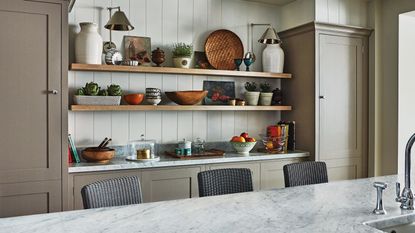 open shelving in kitchen with tongue and groove panelling